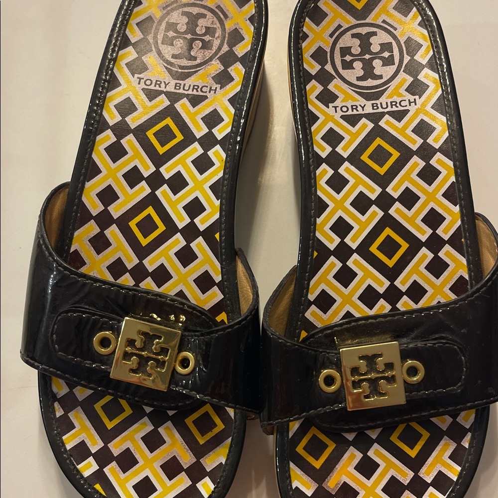 Tory Burch Black and Gold Slide Sandals